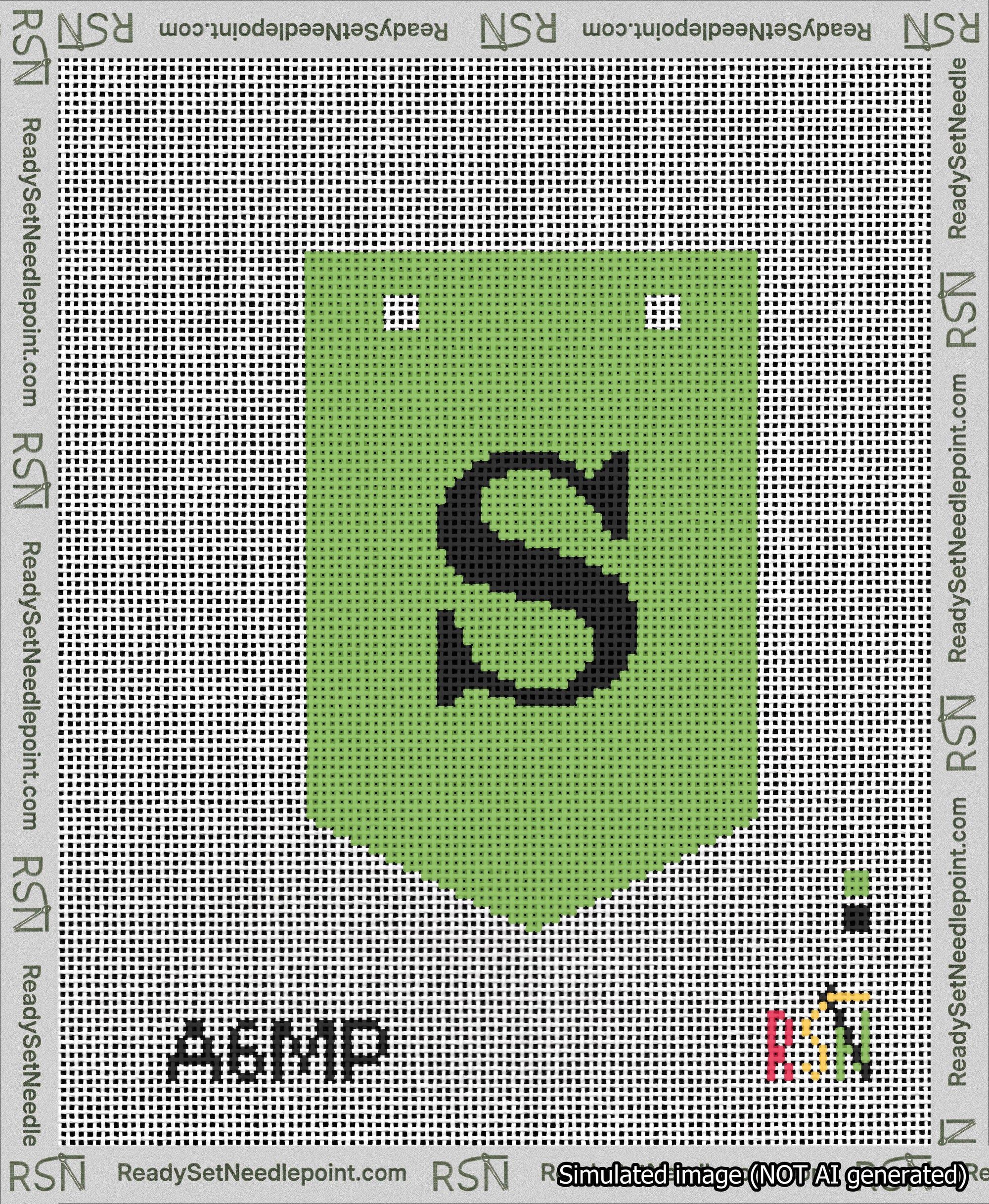 A taped needlepoint canvas with the design: Banner 13 mesh count Pointed S Black on Light Green.