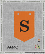 A taped needlepoint canvas with the design: Banner 13 mesh count Pointed S Black on Orange.