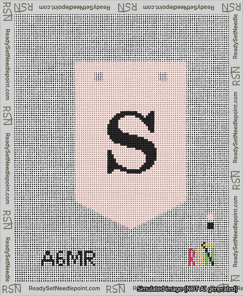 A taped needlepoint canvas with the design: Banner 13 mesh count Pointed S Black on Pink.
