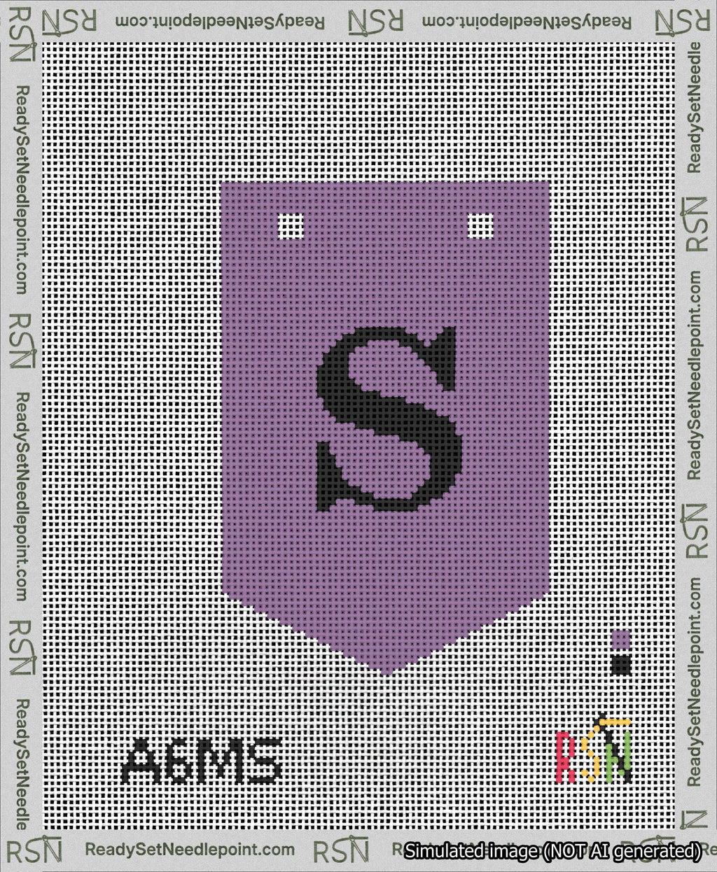 A taped needlepoint canvas with the design: Banner 13 mesh count Pointed S Black on Purple.