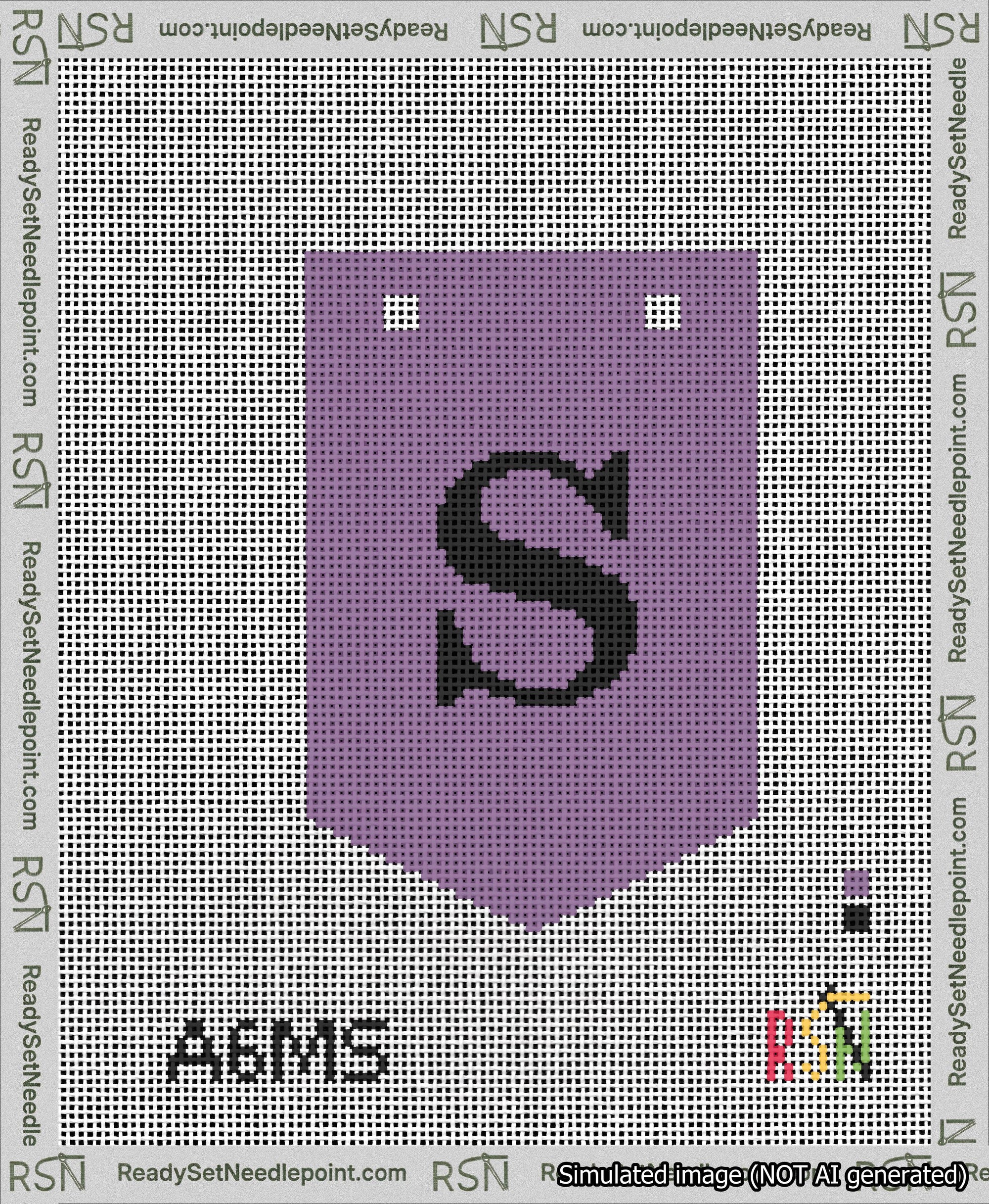 A taped needlepoint canvas with the design: Banner 13 mesh count Pointed S Black on Purple.