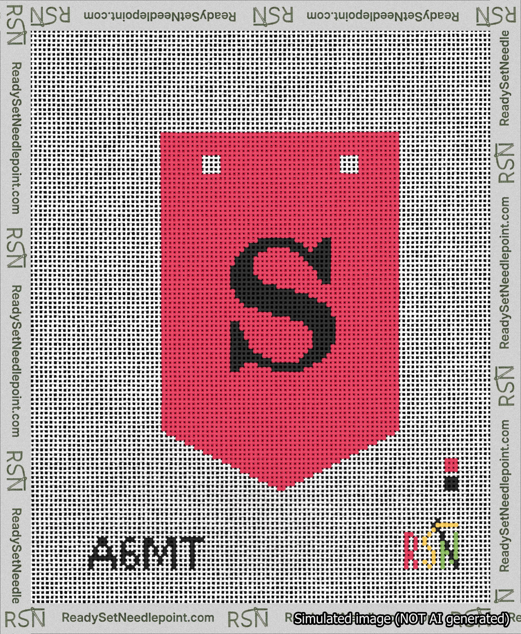 A taped needlepoint canvas with the design: Banner 13 mesh count Pointed S Black on Red.