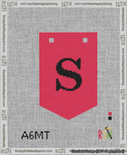 A taped needlepoint canvas with the design: Banner 13 mesh count Pointed S Black on Red.