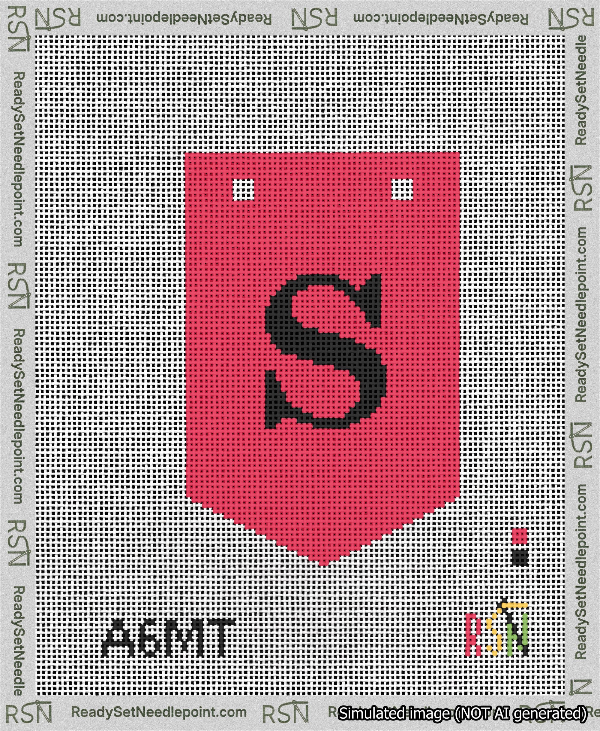 A taped needlepoint canvas with the design: Banner 13 mesh count Pointed S Black on Red.