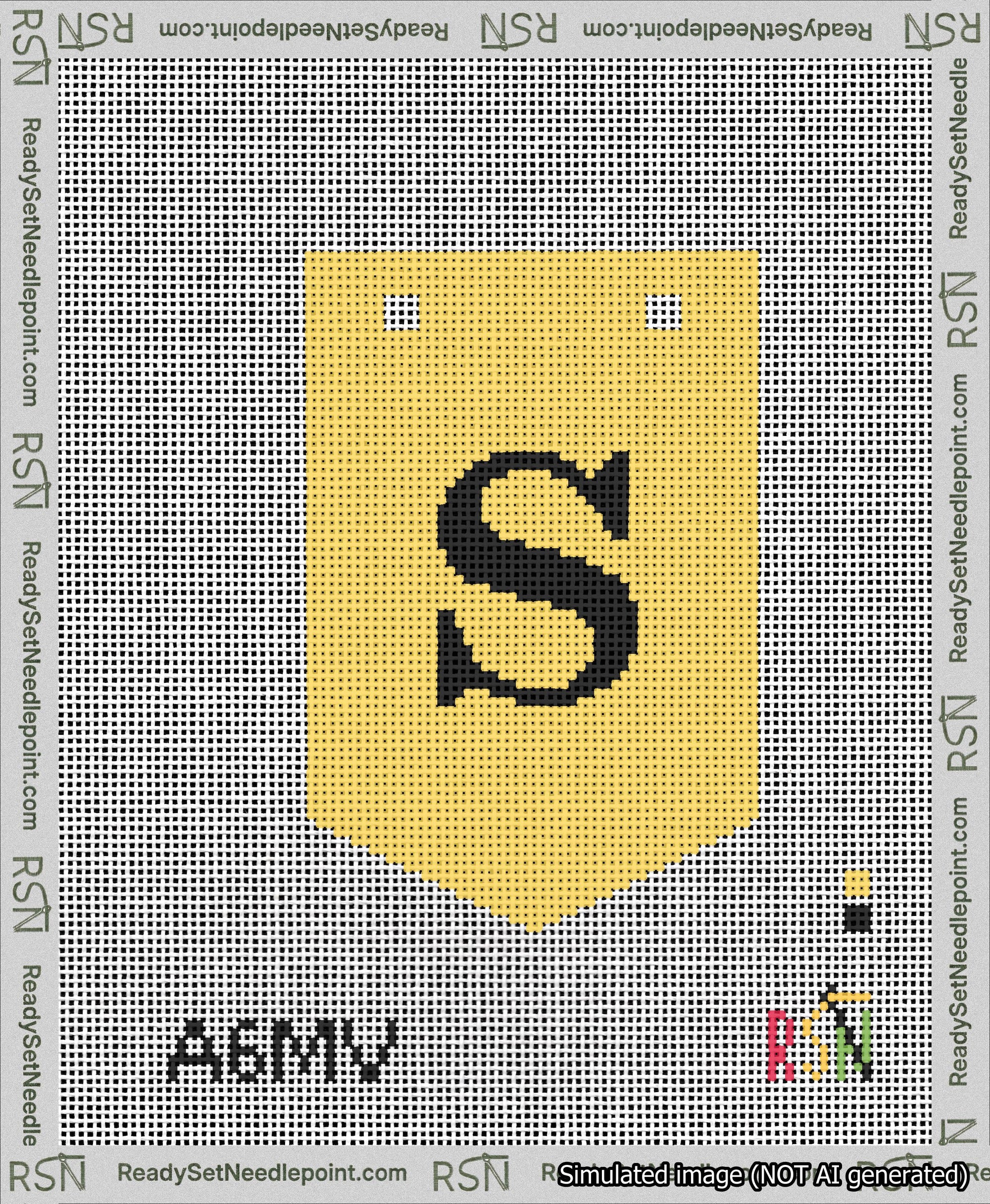 A taped needlepoint canvas with the design: Banner 13 mesh count Pointed S Black on Yellow.
