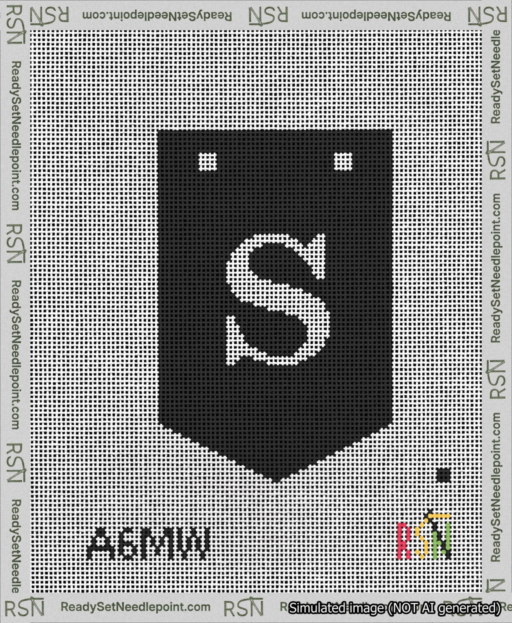 A taped needlepoint canvas with the design: Banner 13 mesh count Pointed S White on Black.