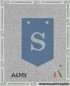 A taped needlepoint canvas with the design: Banner 13 mesh count Pointed S White on Blue.