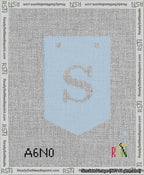 A taped needlepoint canvas with the design: Banner 13 mesh count Pointed S White on Light Blue.