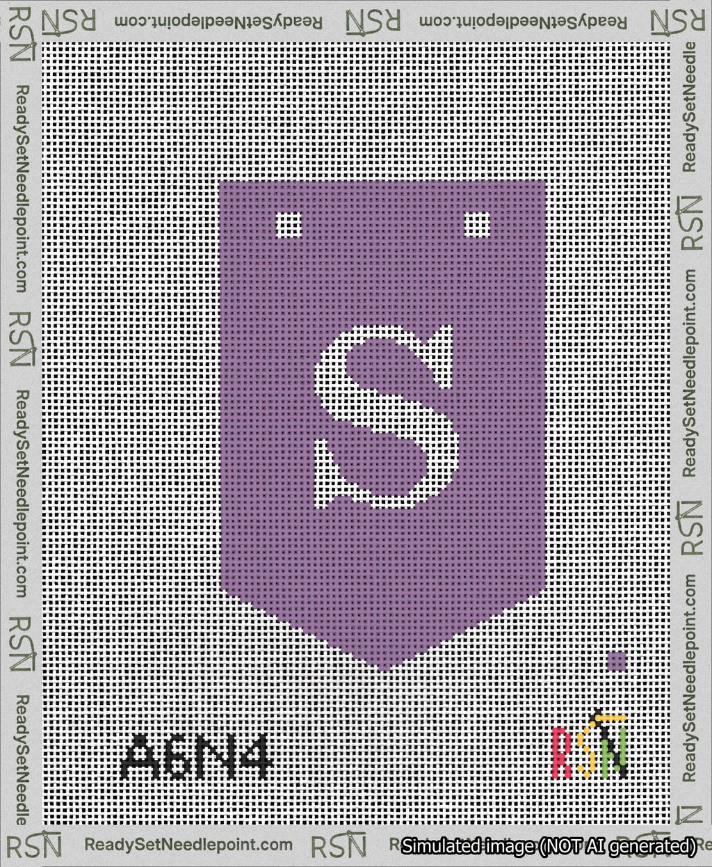 A taped needlepoint canvas with the design: Banner 13 mesh count Pointed S White on Purple.