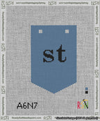 A taped needlepoint canvas with the design: Banner 13 mesh count Pointed st Black on Blue.