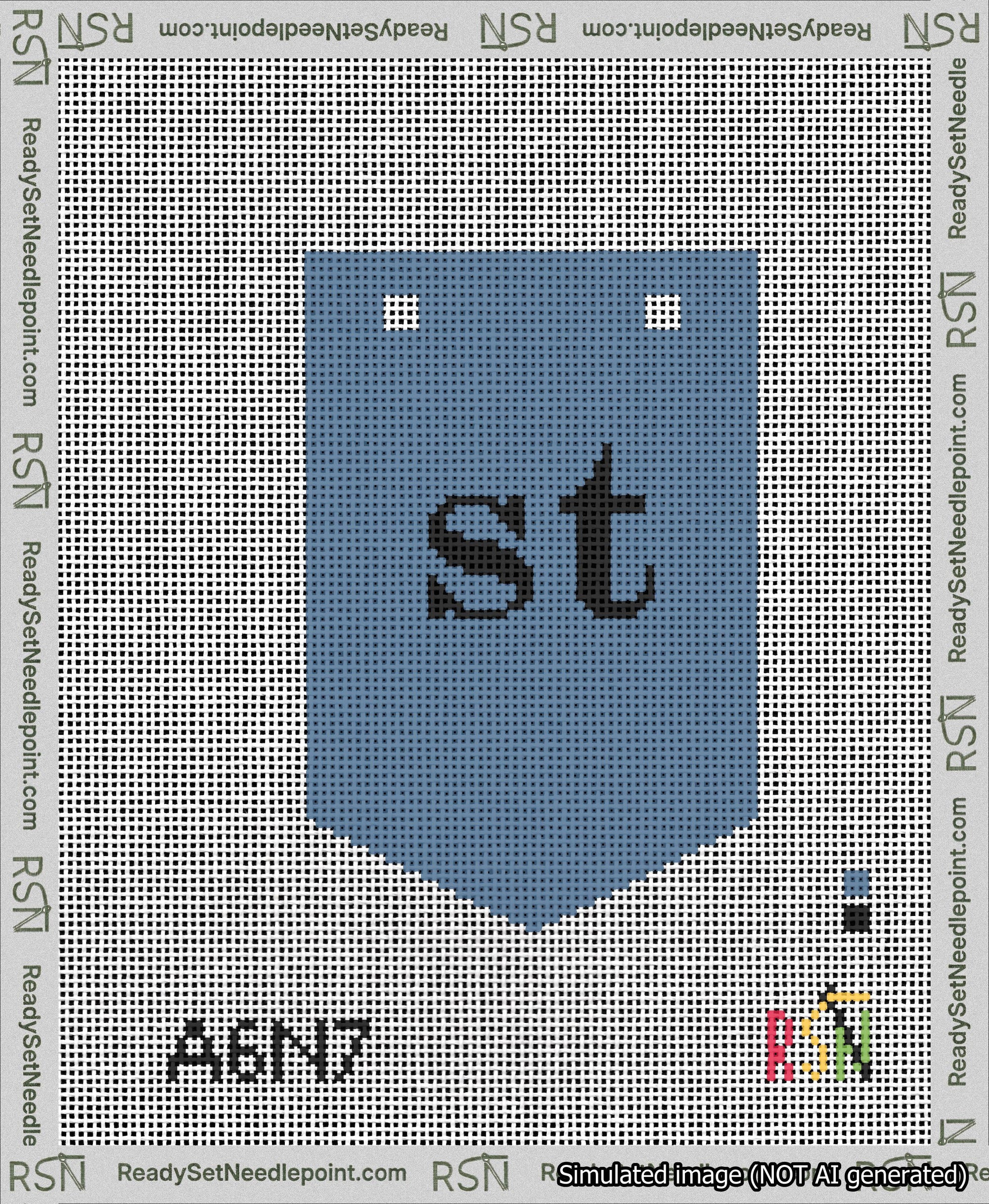 A taped needlepoint canvas with the design: Banner 13 mesh count Pointed st Black on Blue.