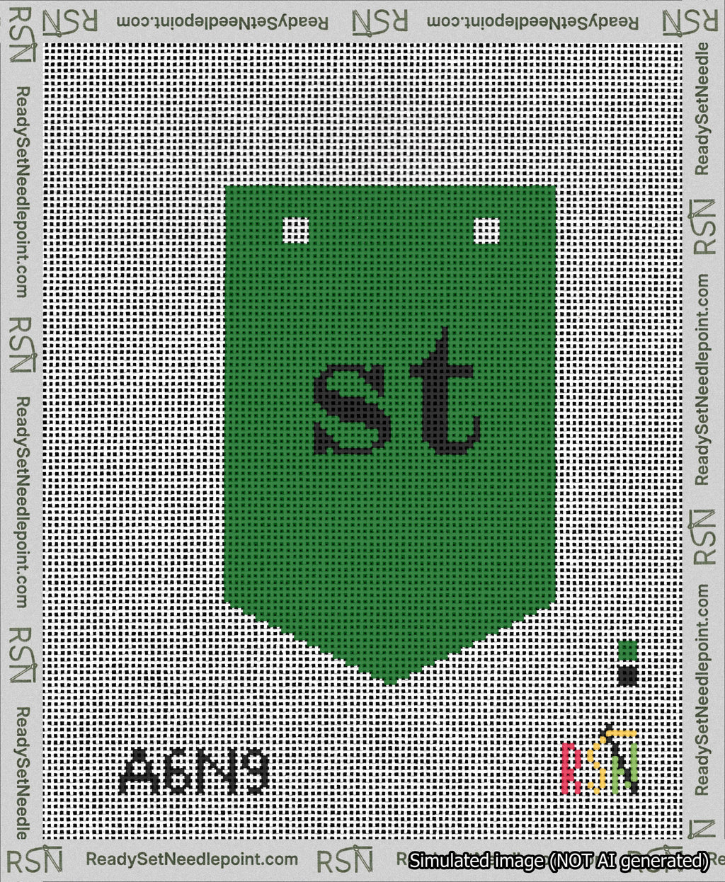 A taped needlepoint canvas with the design: Banner 13 mesh count Pointed st Black on Green.