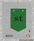 A taped needlepoint canvas with the design: Banner 13 mesh count Pointed st Black on Green.