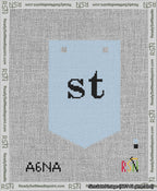 A taped needlepoint canvas with the design: Banner 13 mesh count Pointed st Black on Light Blue.