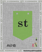 A taped needlepoint canvas with the design: Banner 13 mesh count Pointed st Black on Light Green.