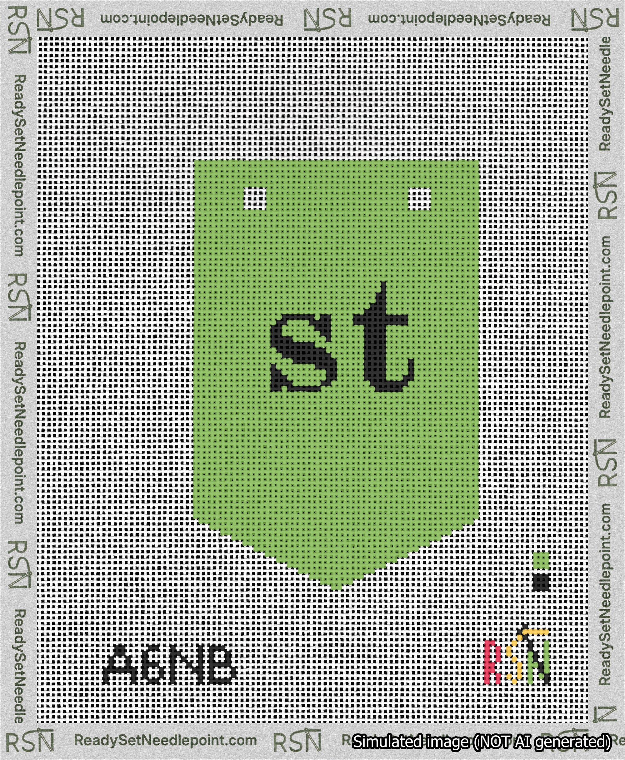 A taped needlepoint canvas with the design: Banner 13 mesh count Pointed st Black on Light Green.