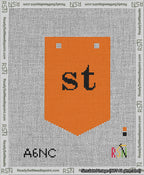 A taped needlepoint canvas with the design: Banner 13 mesh count Pointed st Black on Orange.