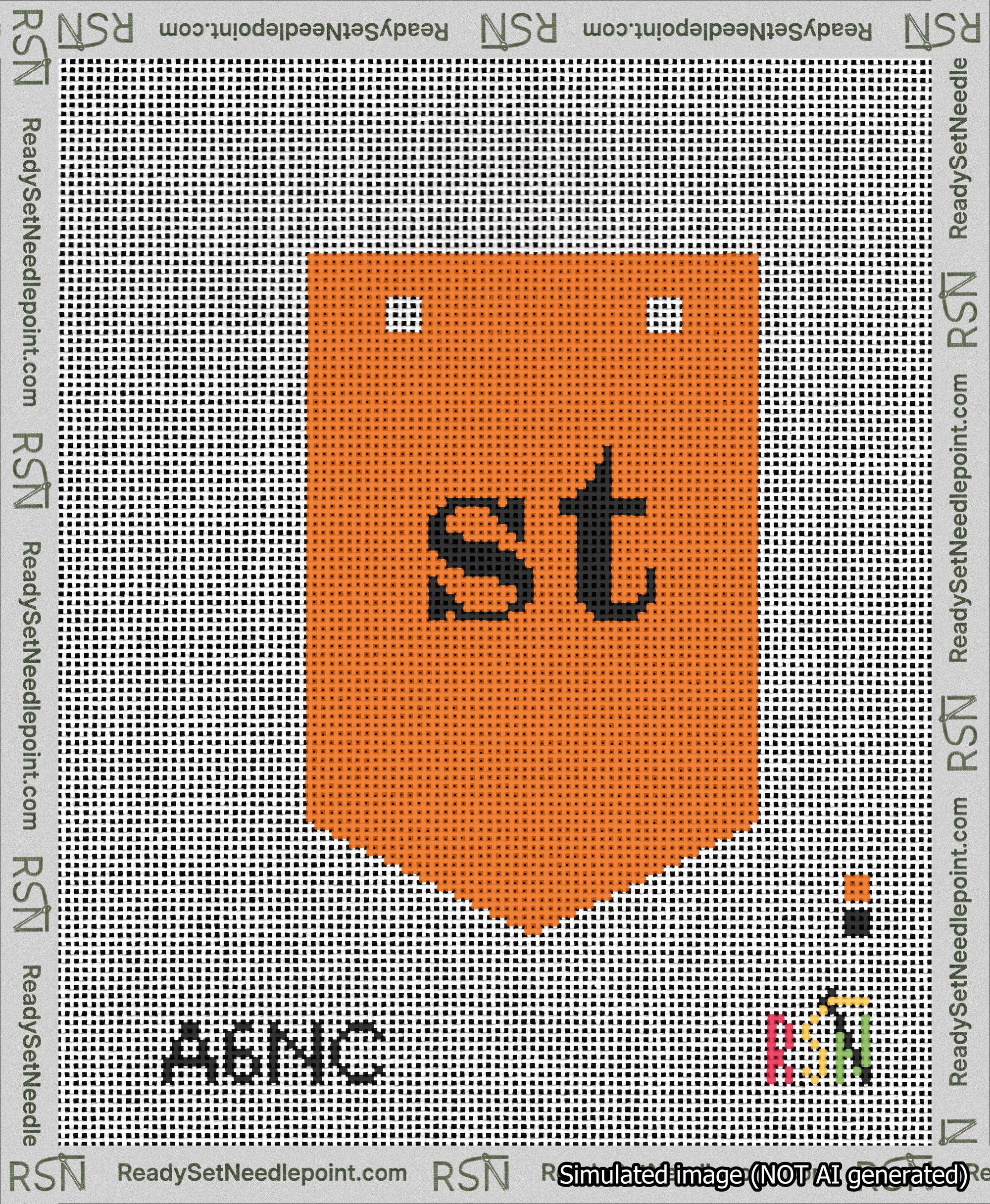 A taped needlepoint canvas with the design: Banner 13 mesh count Pointed st Black on Orange.