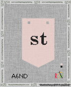 A taped needlepoint canvas with the design: Banner 13 mesh count Pointed st Black on Pink.