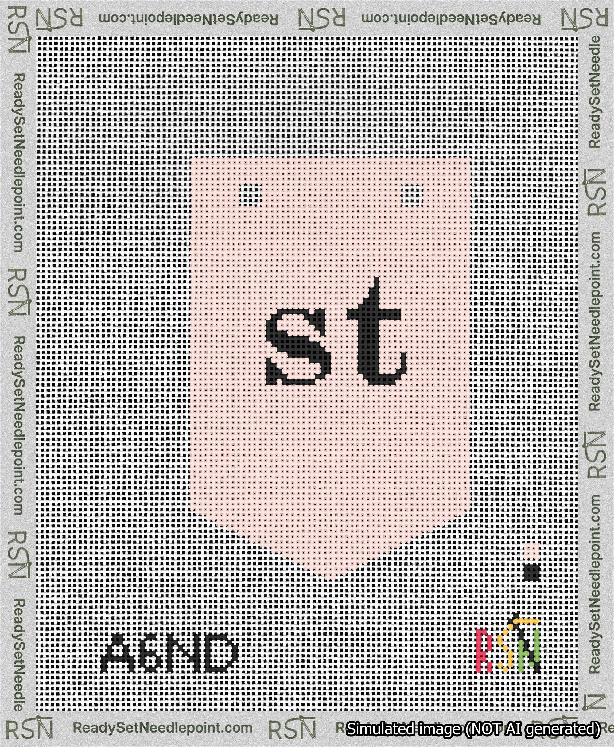 A taped needlepoint canvas with the design: Banner 13 mesh count Pointed st Black on Pink.
