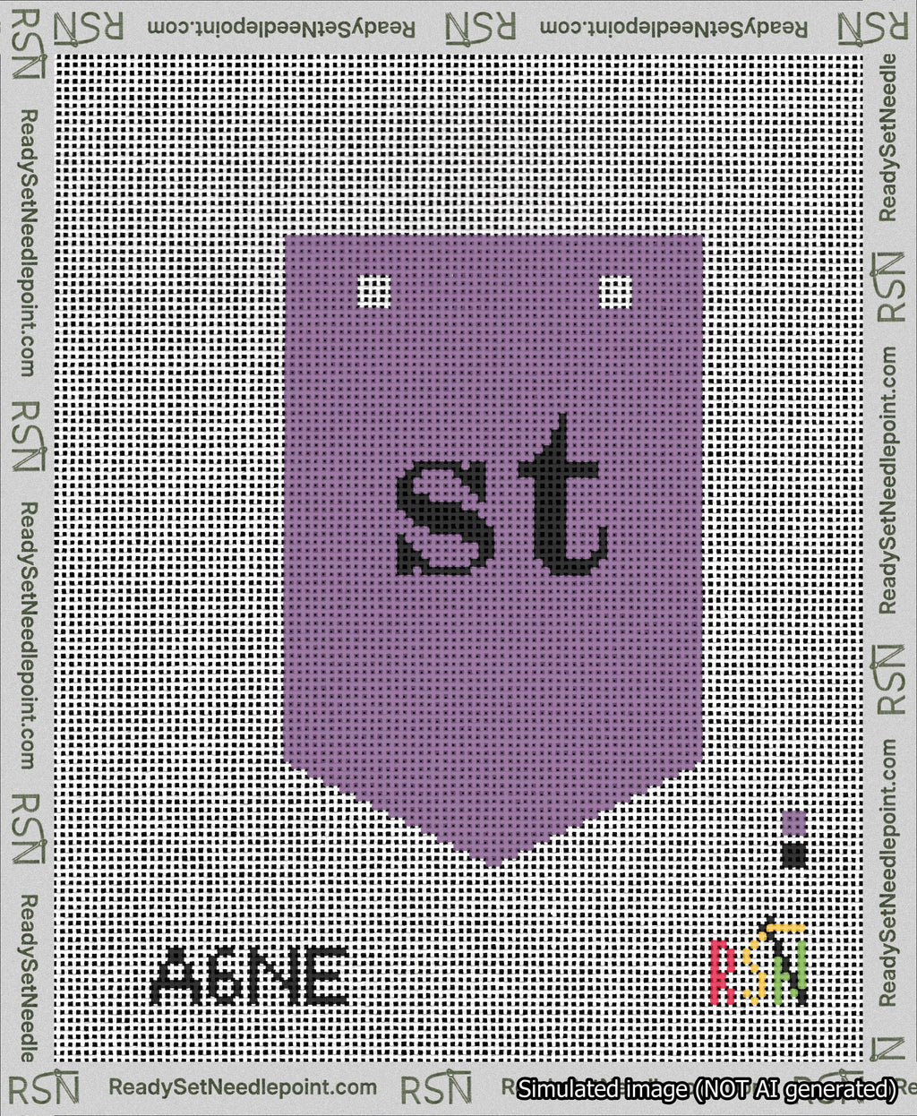 A taped needlepoint canvas with the design: Banner 13 mesh count Pointed st Black on Purple.