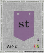 A taped needlepoint canvas with the design: Banner 13 mesh count Pointed st Black on Purple.