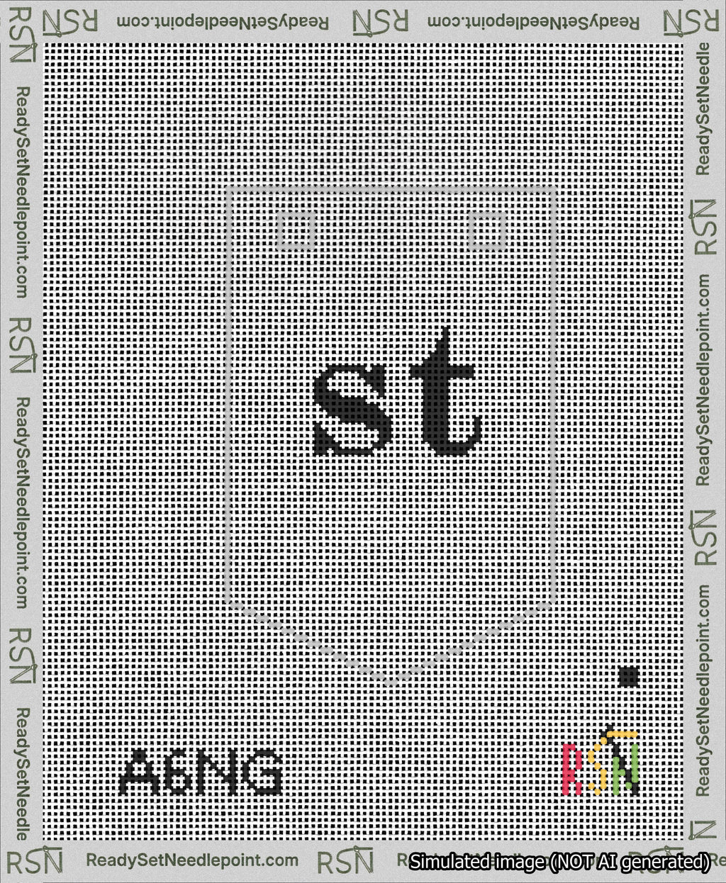 A taped needlepoint canvas with the design: Banner 13 mesh count Pointed st Black on White.