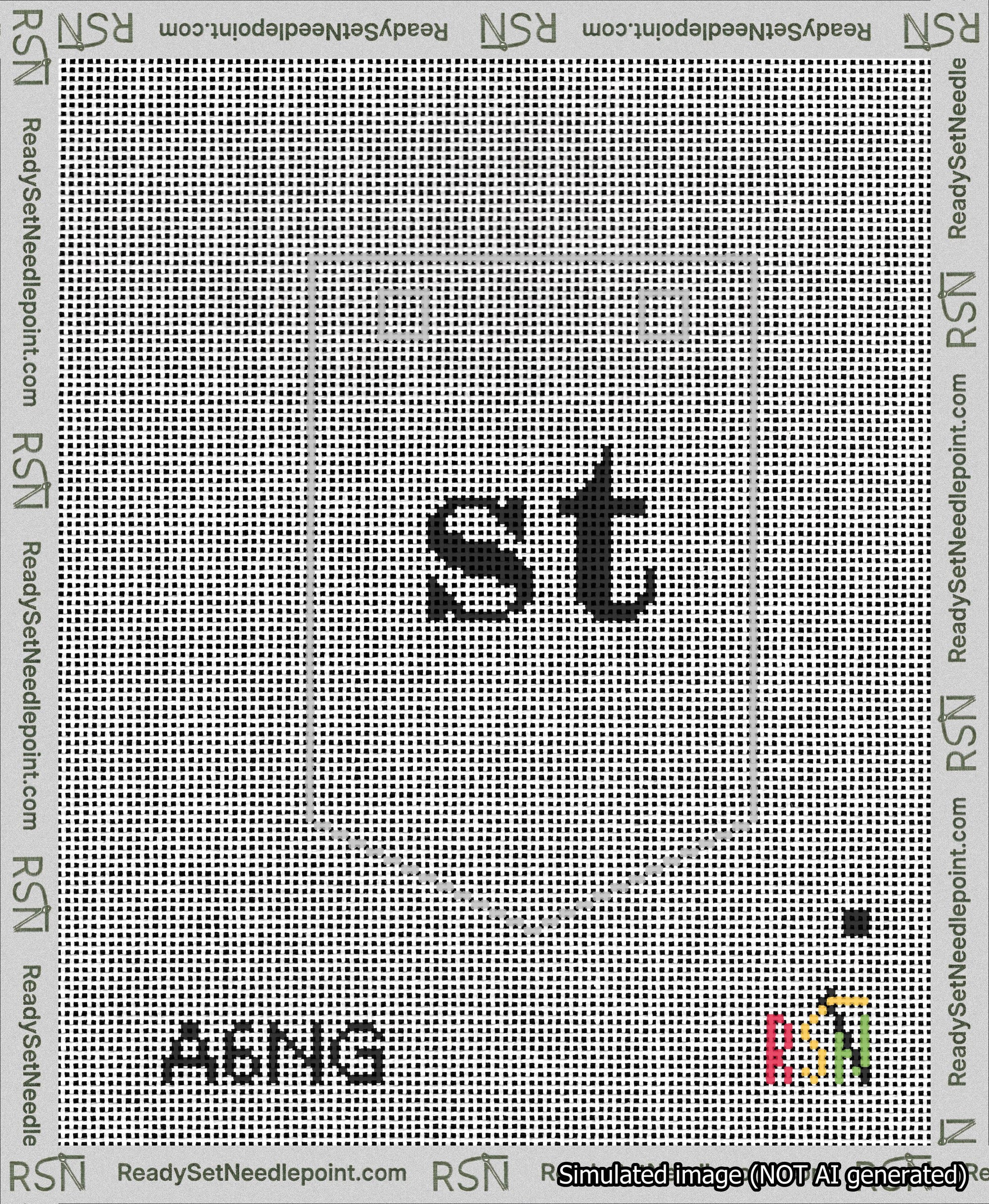 A taped needlepoint canvas with the design: Banner 13 mesh count Pointed st Black on White.