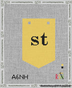 A taped needlepoint canvas with the design: Banner 13 mesh count Pointed st Black on Yellow.