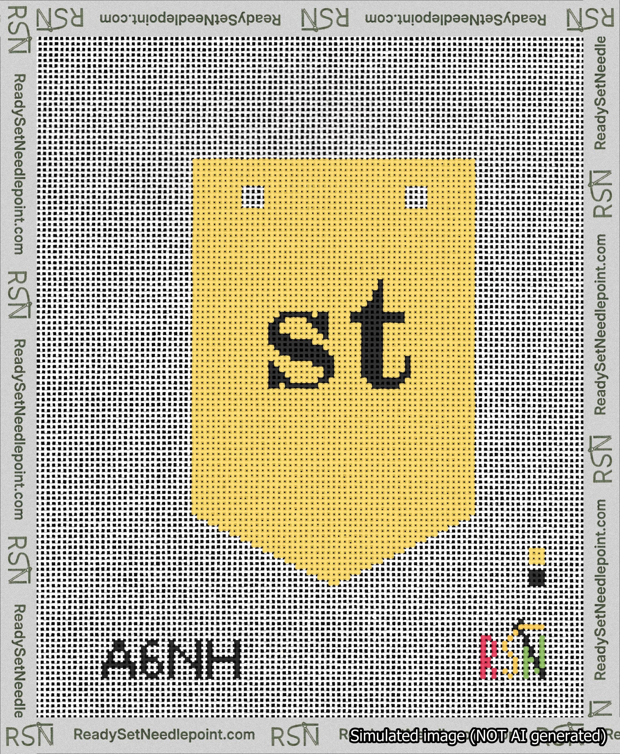 A taped needlepoint canvas with the design: Banner 13 mesh count Pointed st Black on Yellow.