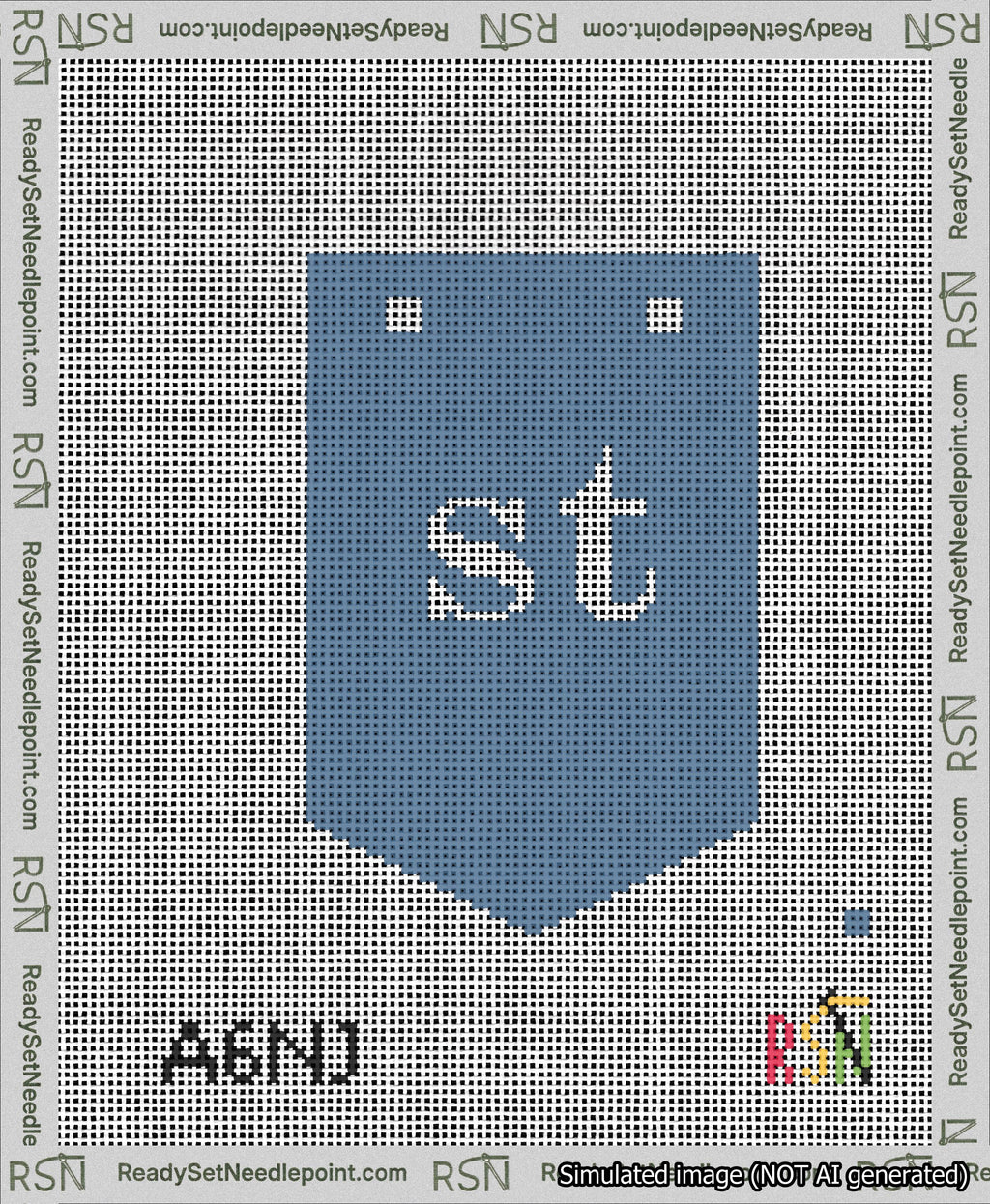 A taped needlepoint canvas with the design: Banner 13 mesh count Pointed st White on Blue.