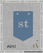 A taped needlepoint canvas with the design: Banner 13 mesh count Pointed st White on Blue.