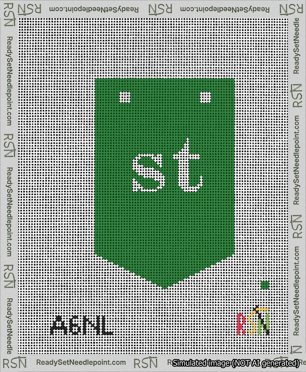 A taped needlepoint canvas with the design: Banner 13 mesh count Pointed st White on Green.