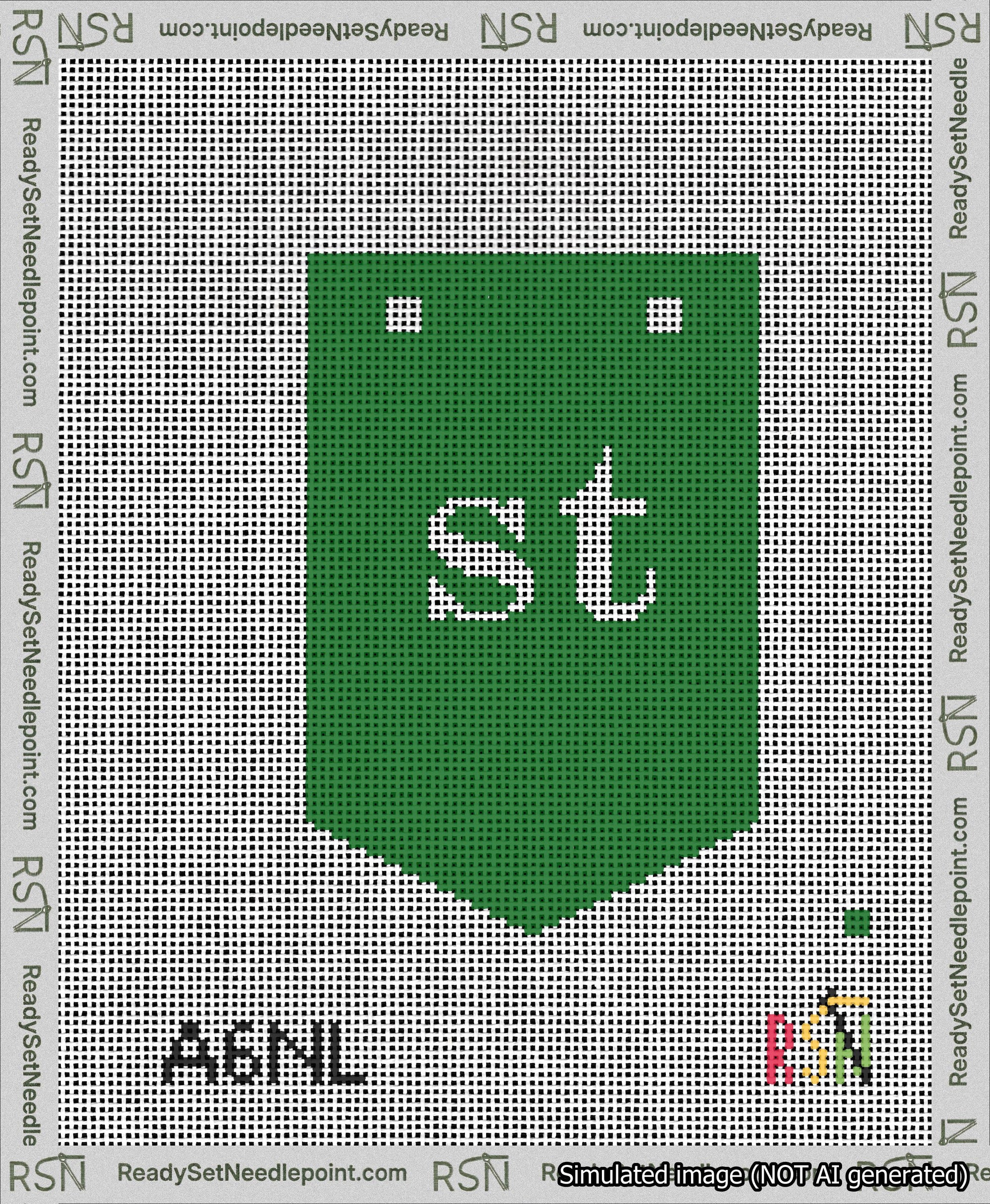 A taped needlepoint canvas with the design: Banner 13 mesh count Pointed st White on Green.