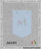A taped needlepoint canvas with the design: Banner 13 mesh count Pointed st White on Light Blue.