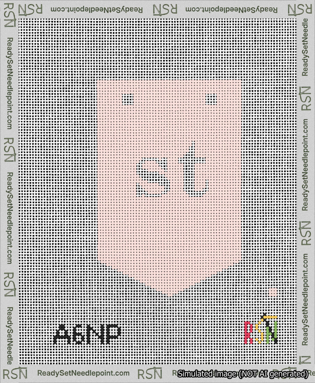 A taped needlepoint canvas with the design: Banner 13 mesh count Pointed st White on Pink.