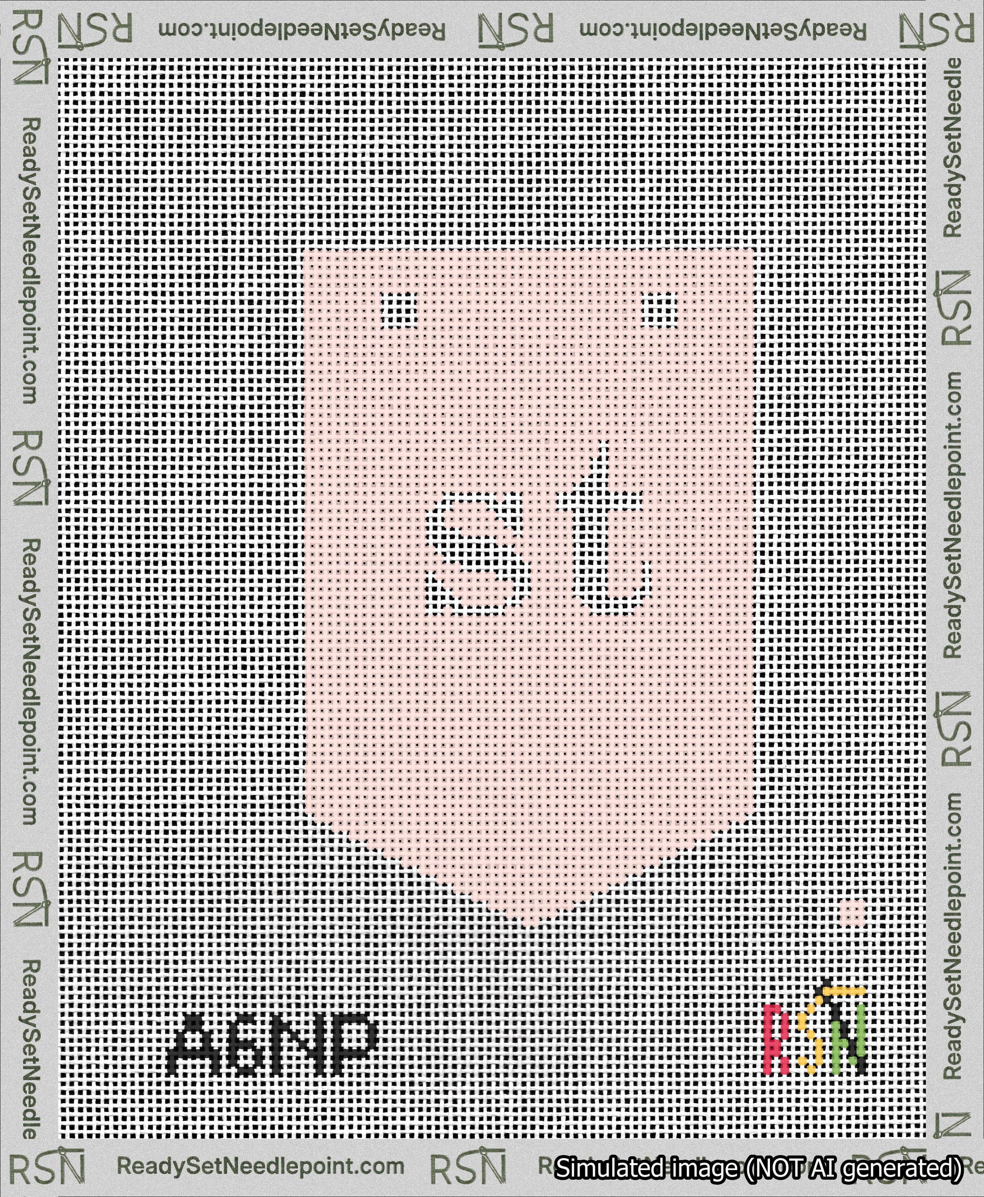 A taped needlepoint canvas with the design: Banner 13 mesh count Pointed st White on Pink.