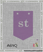 A taped needlepoint canvas with the design: Banner 13 mesh count Pointed st White on Purple.