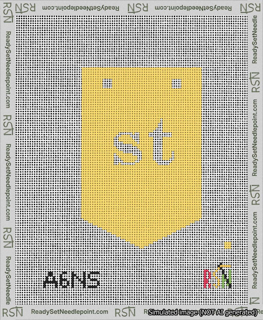 A taped needlepoint canvas with the design: Banner 13 mesh count Pointed st White on Yellow.