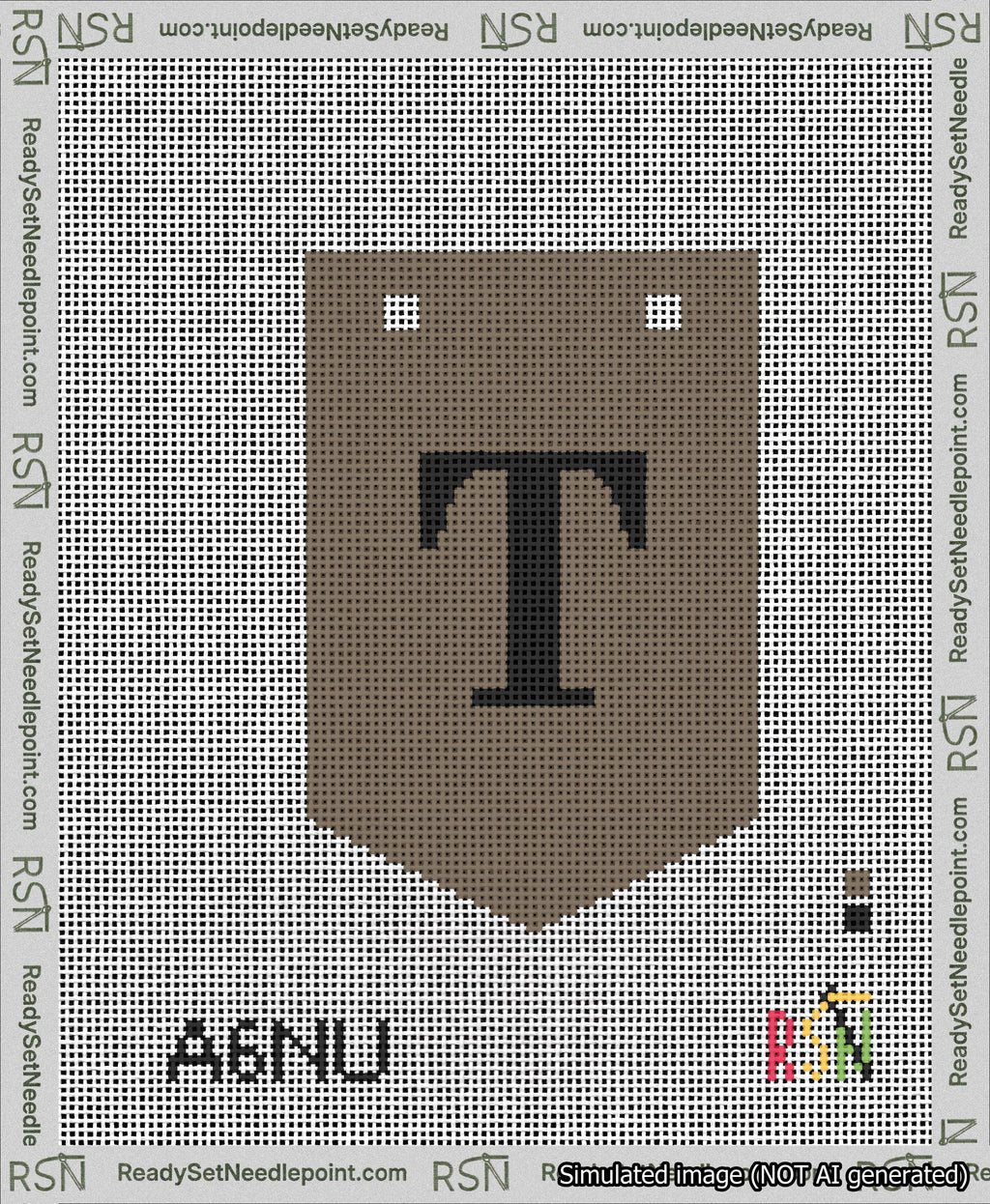A taped needlepoint canvas with the design: Banner 13 mesh count Pointed T Black on Brown.