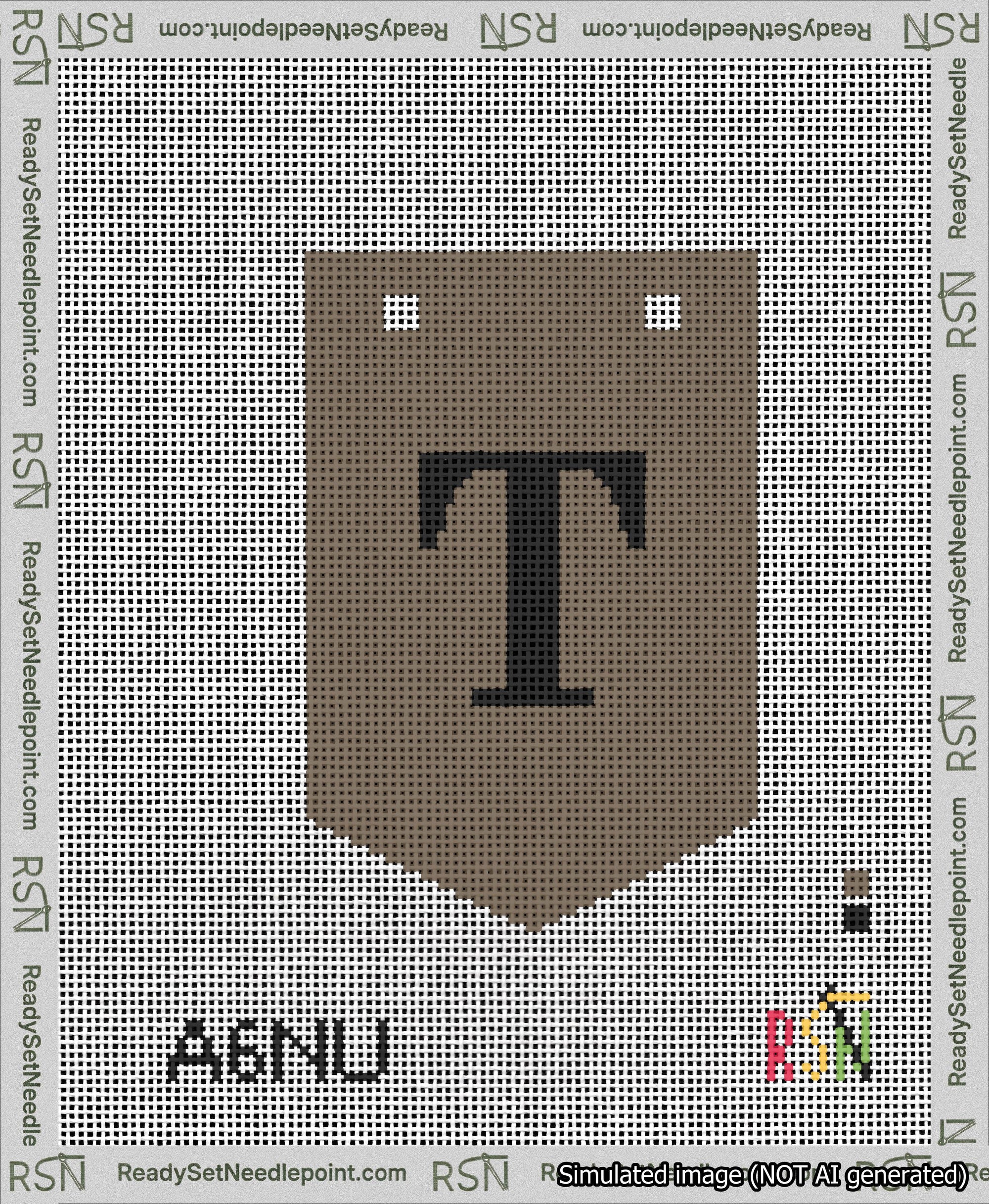 A taped needlepoint canvas with the design: Banner 13 mesh count Pointed T Black on Brown.