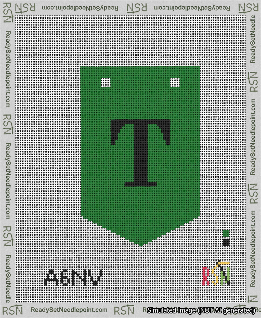 A taped needlepoint canvas with the design: Banner 13 mesh count Pointed T Black on Green.