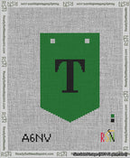 A taped needlepoint canvas with the design: Banner 13 mesh count Pointed T Black on Green.