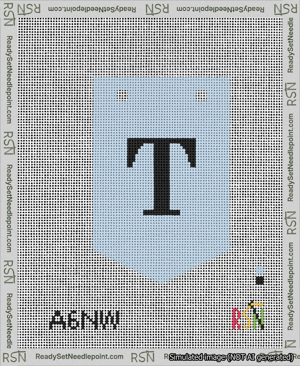 A taped needlepoint canvas with the design: Banner 13 mesh count Pointed T Black on Light Blue.