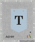 A taped needlepoint canvas with the design: Banner 13 mesh count Pointed T Black on Light Blue.