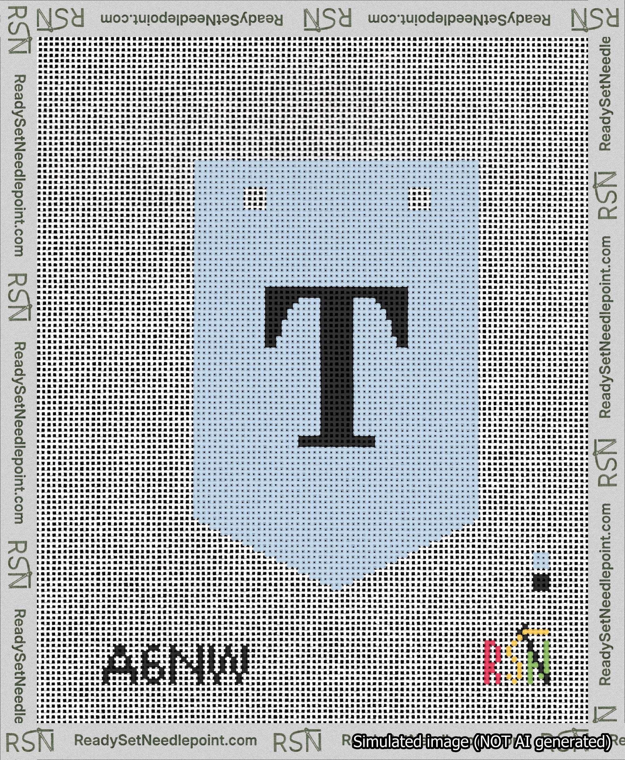 A taped needlepoint canvas with the design: Banner 13 mesh count Pointed T Black on Light Blue.