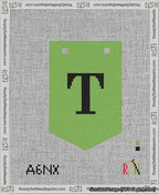 A taped needlepoint canvas with the design: Banner 13 mesh count Pointed T Black on Light Green.