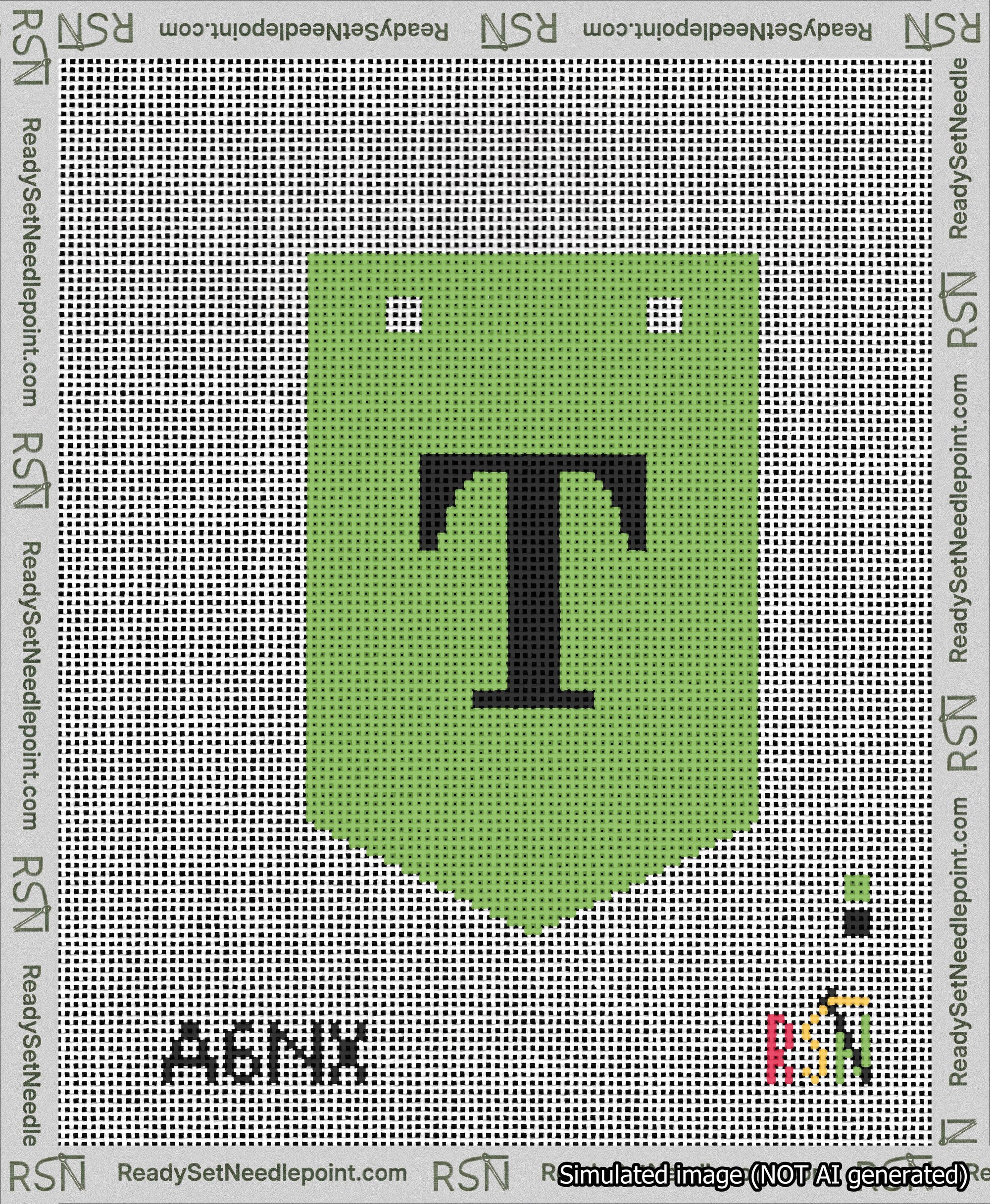A taped needlepoint canvas with the design: Banner 13 mesh count Pointed T Black on Light Green.