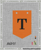 A taped needlepoint canvas with the design: Banner 13 mesh count Pointed T Black on Orange.