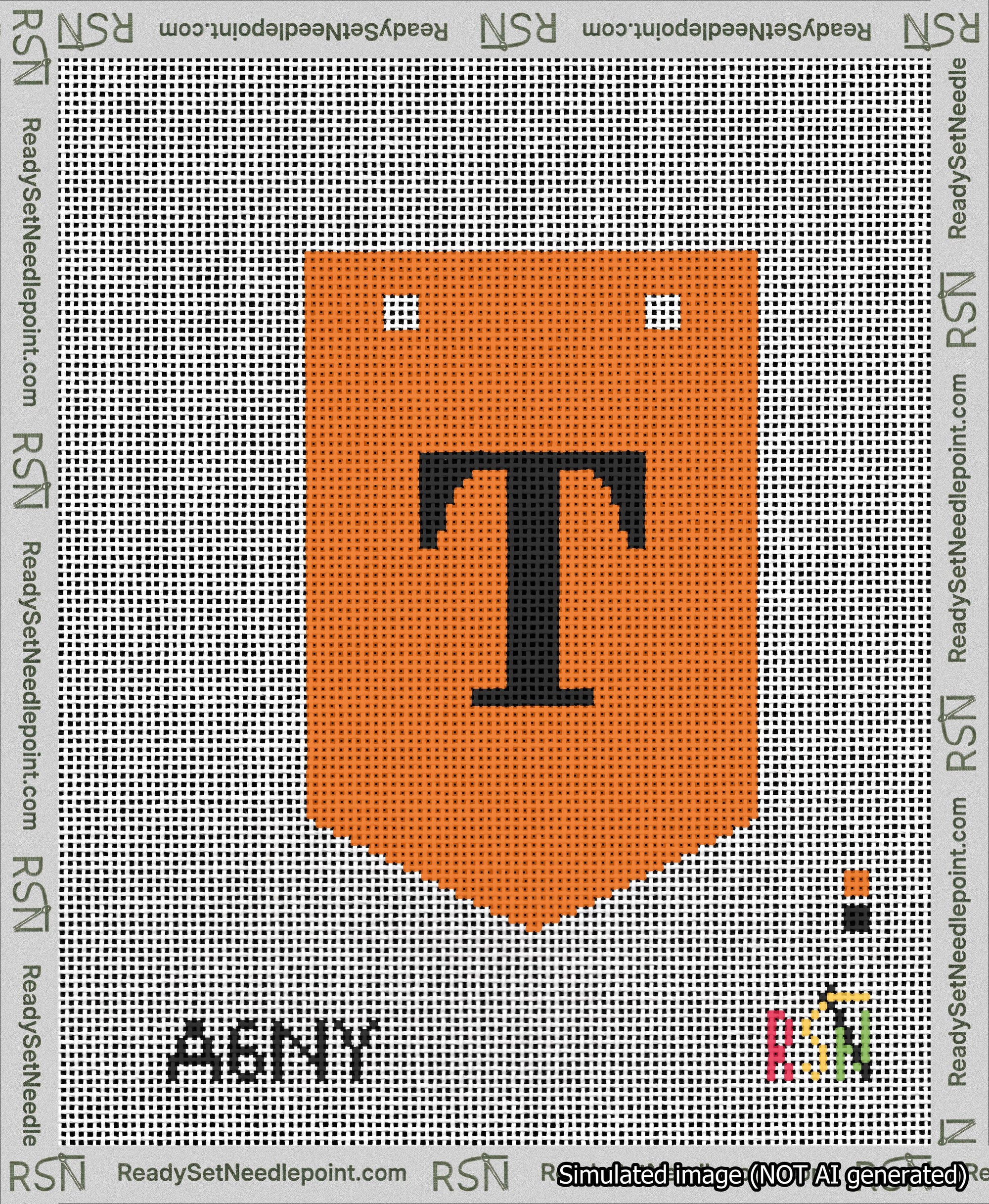 A taped needlepoint canvas with the design: Banner 13 mesh count Pointed T Black on Orange.